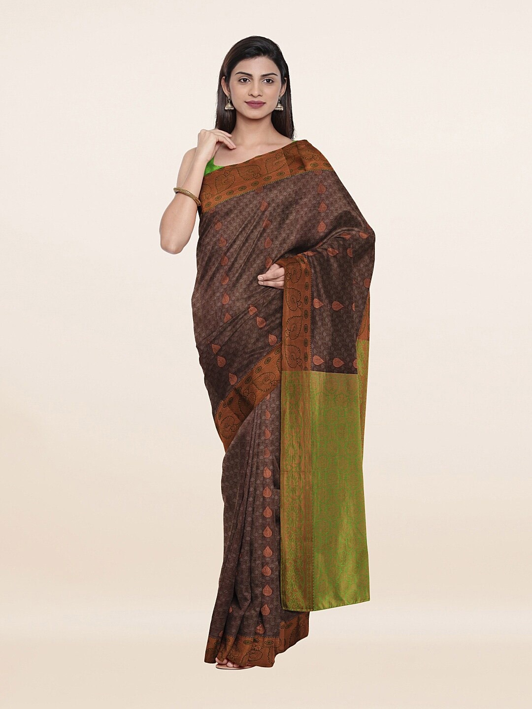 

Pothys Tan & Green Ethnic Motifs Zari Pure Silk Saree