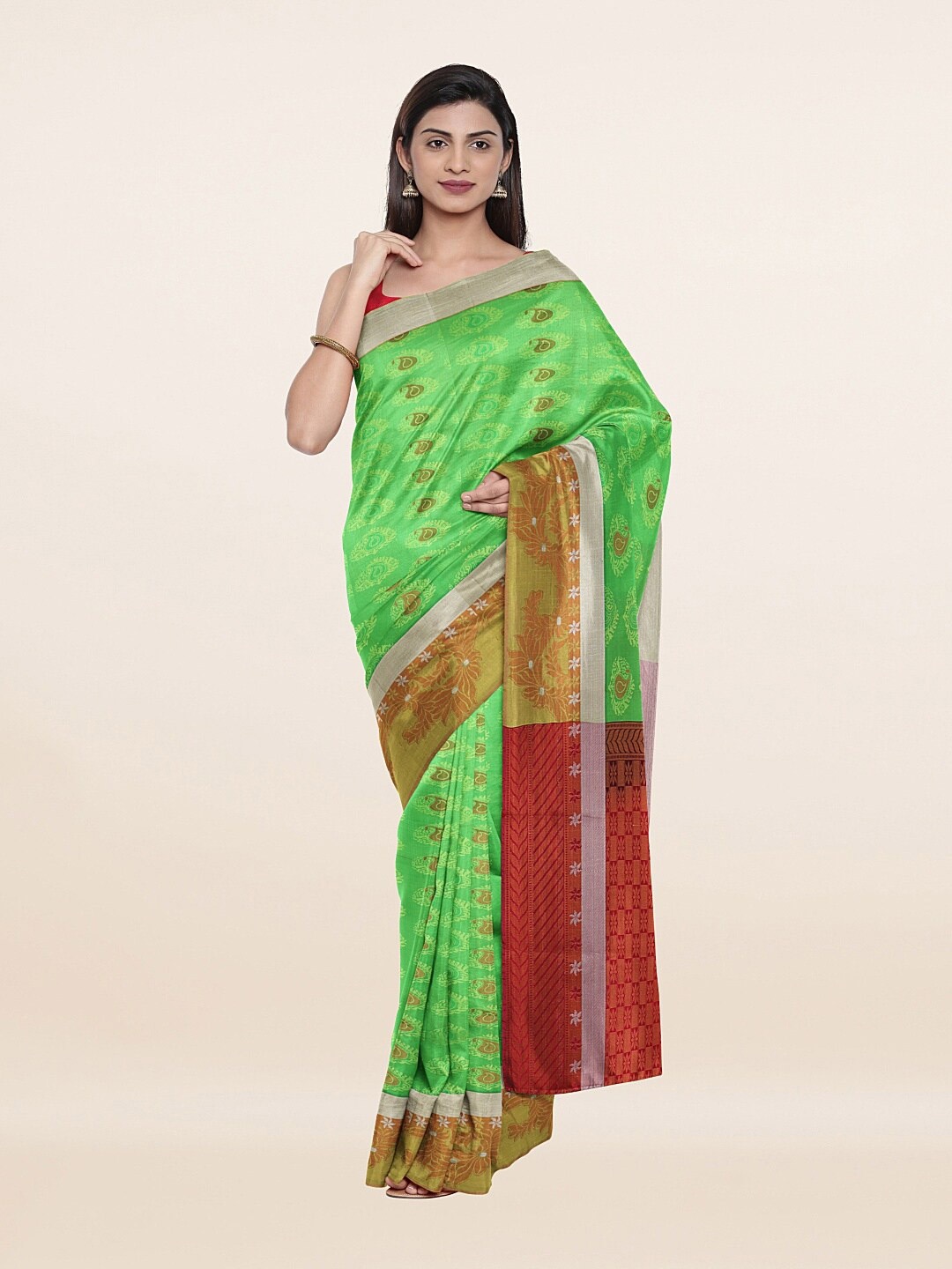 

Pothys Green & Red Ethnic Motifs Zari Pure Silk Saree