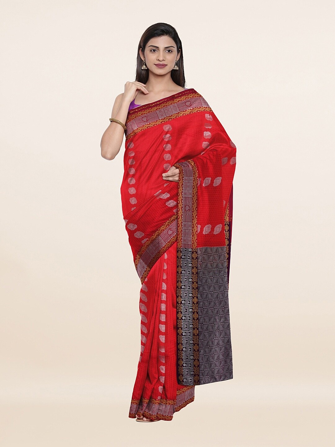 

Pothys Pink & Silver-Toned Woven Design Zari Pure Silk Saree