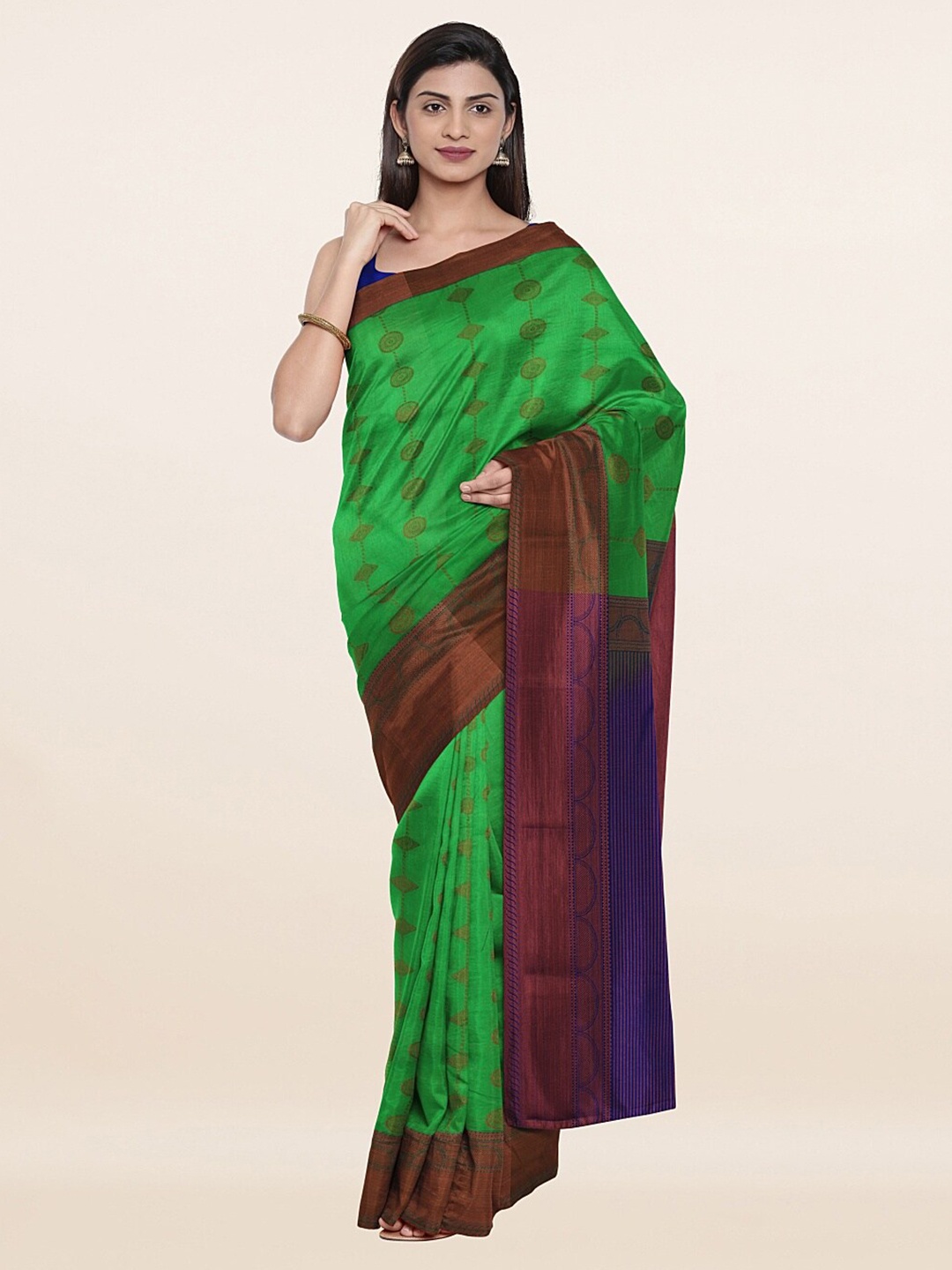 

Pothys Green & Violet Ethnic Motifs Zari Pure Silk Saree