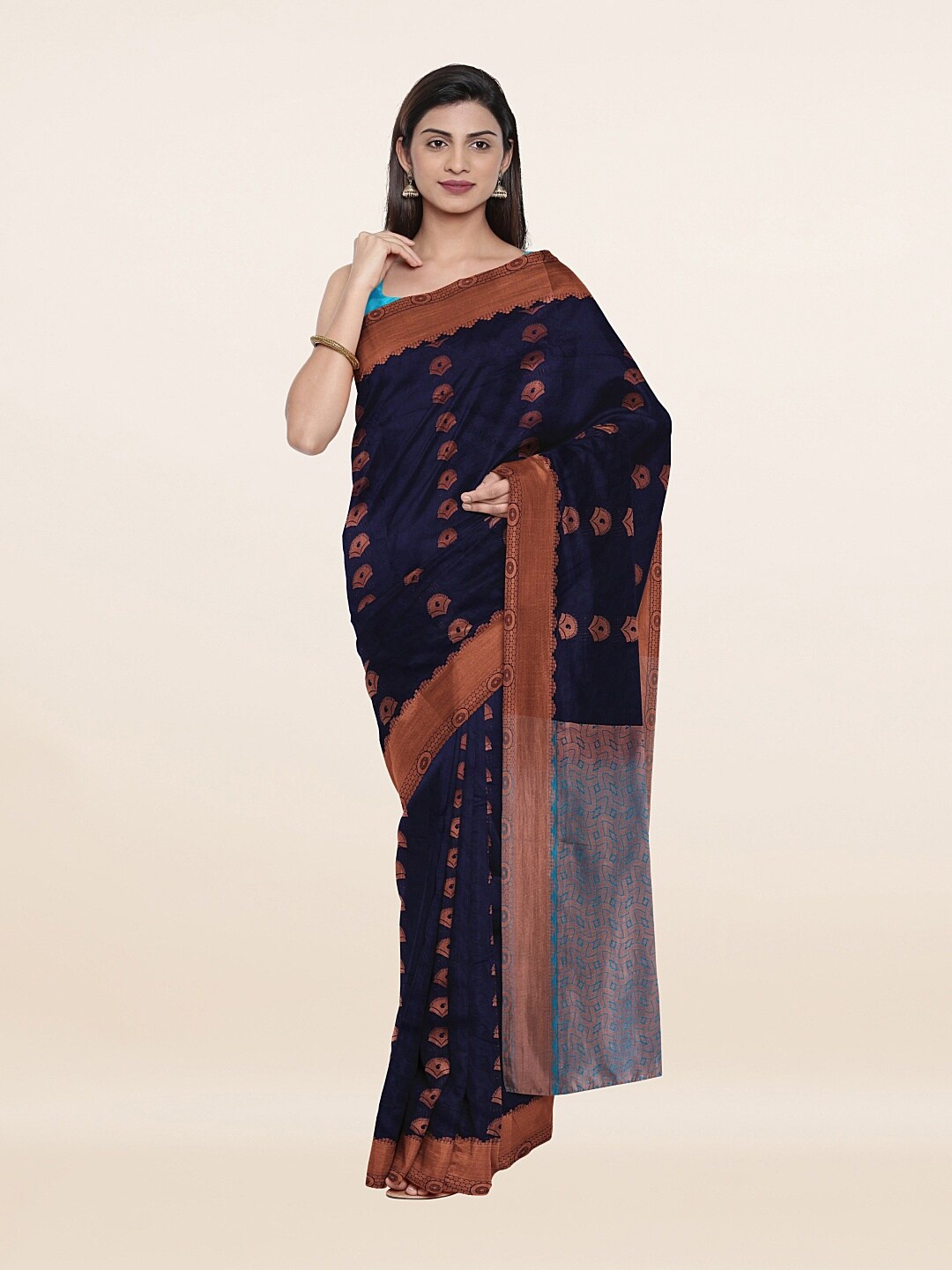 

Pothys Navy Blue & Bronze-Toned Woven Design Zari Pure Silk Saree