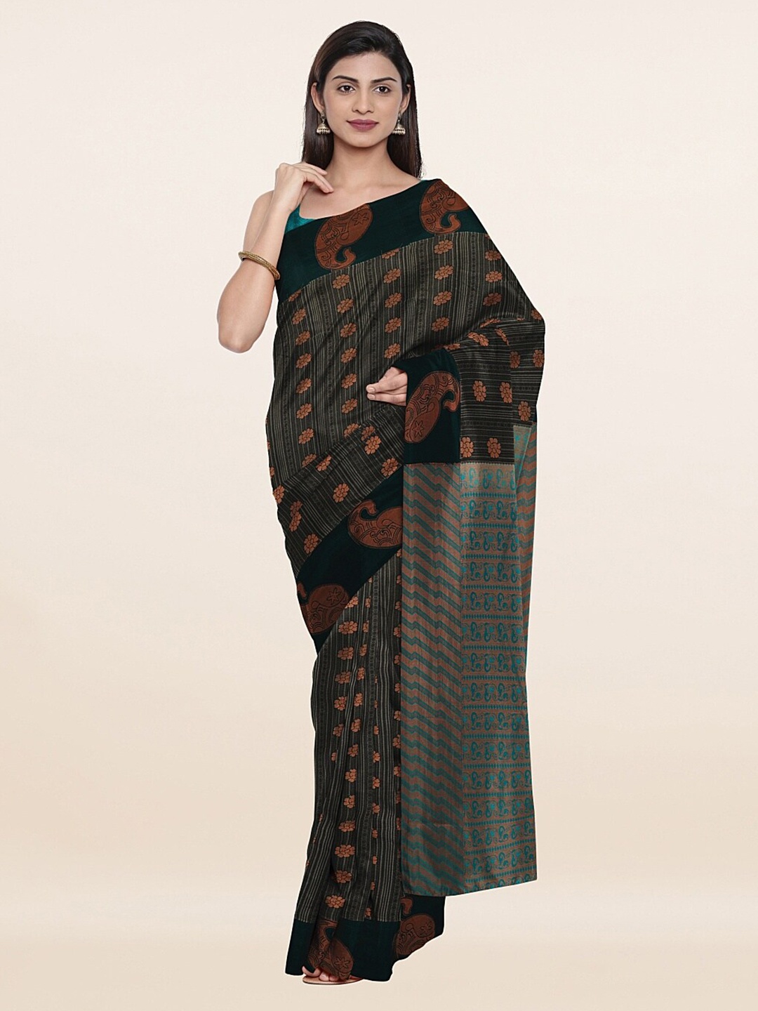 

Pothys Green & Copper-Toned Woven Design Pure Silk Saree