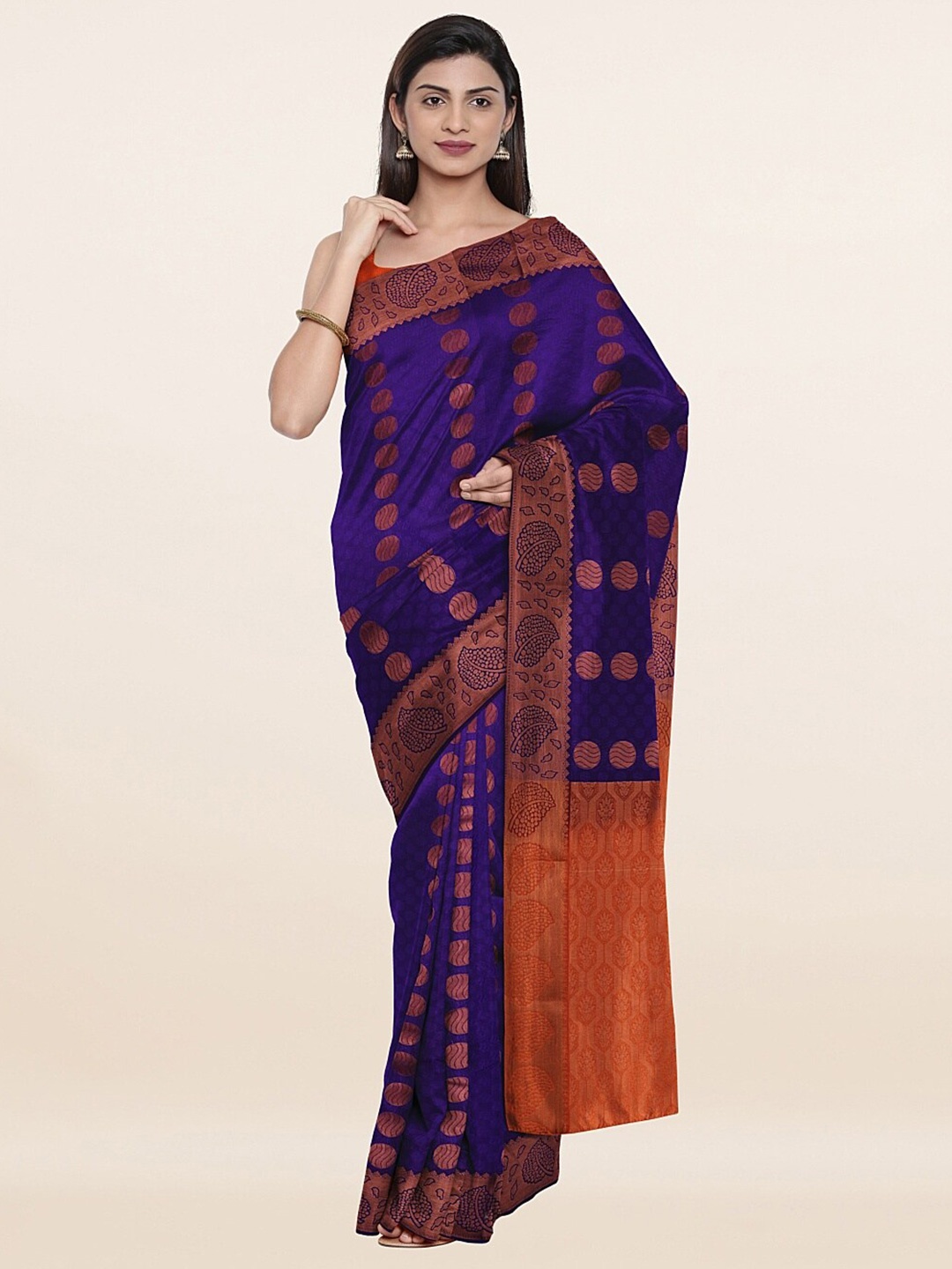 

Pothys Violet & Orange Ethnic Motifs Sequinned Pure Silk Saree