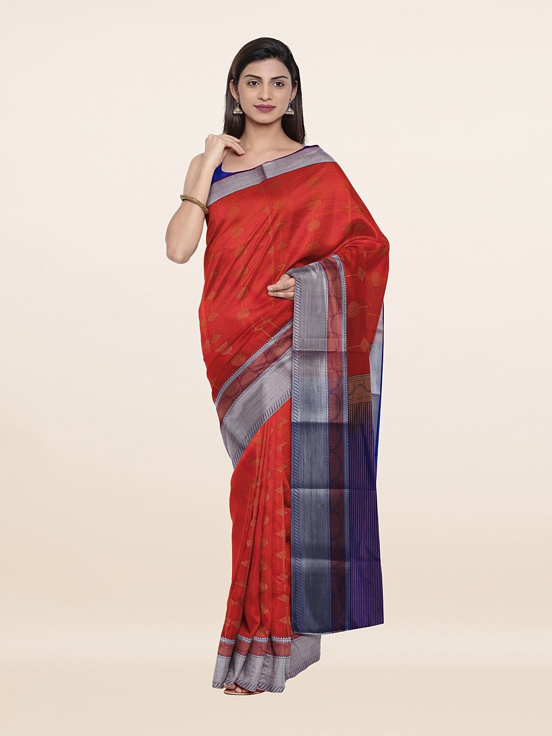 

Pothys Peach-Coloured & Purple Woven Design Zari Pure Silk Saree