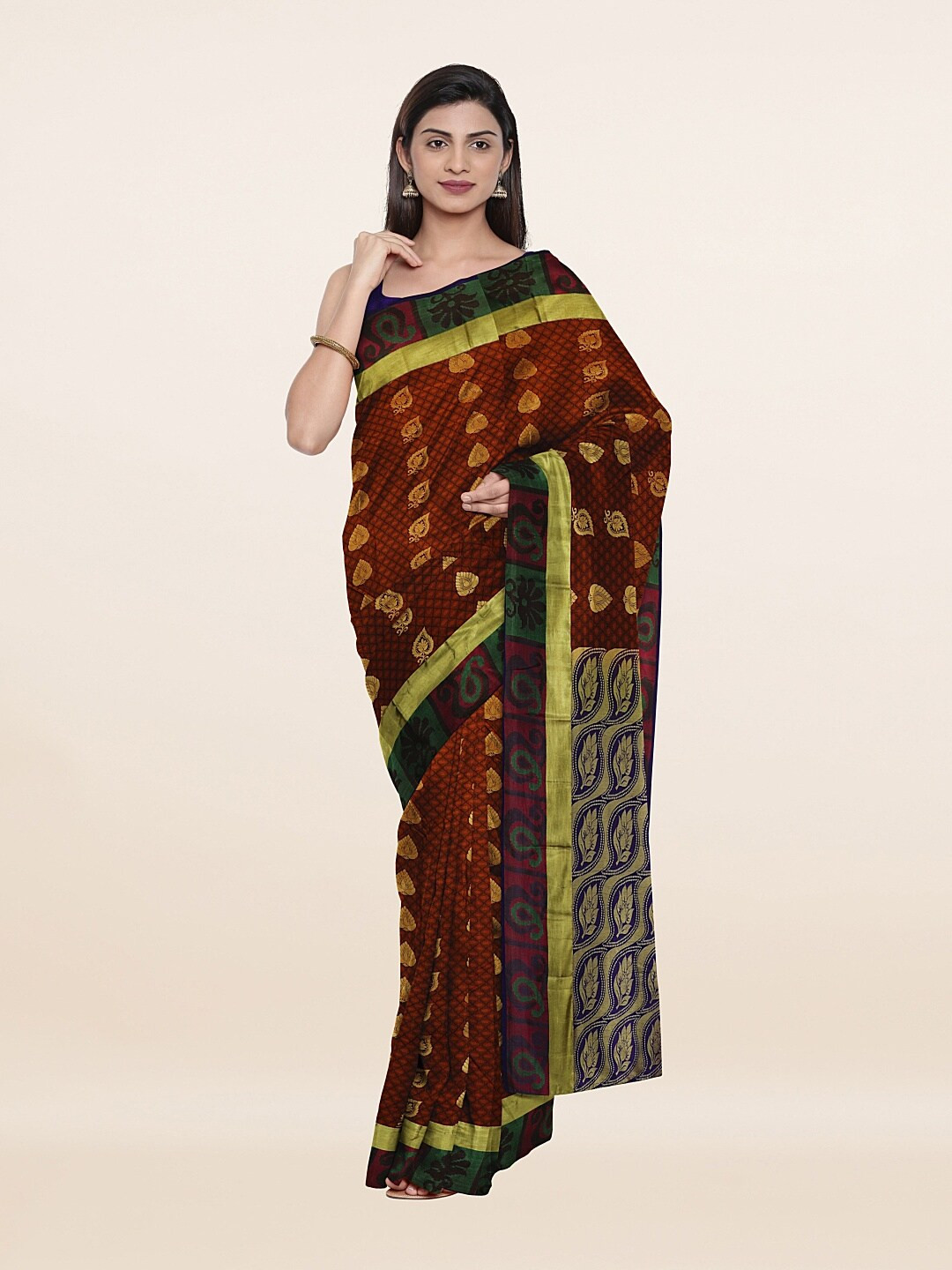 

Pothys Brown & Green Ethnic Motifs Zari Pure Silk Saree