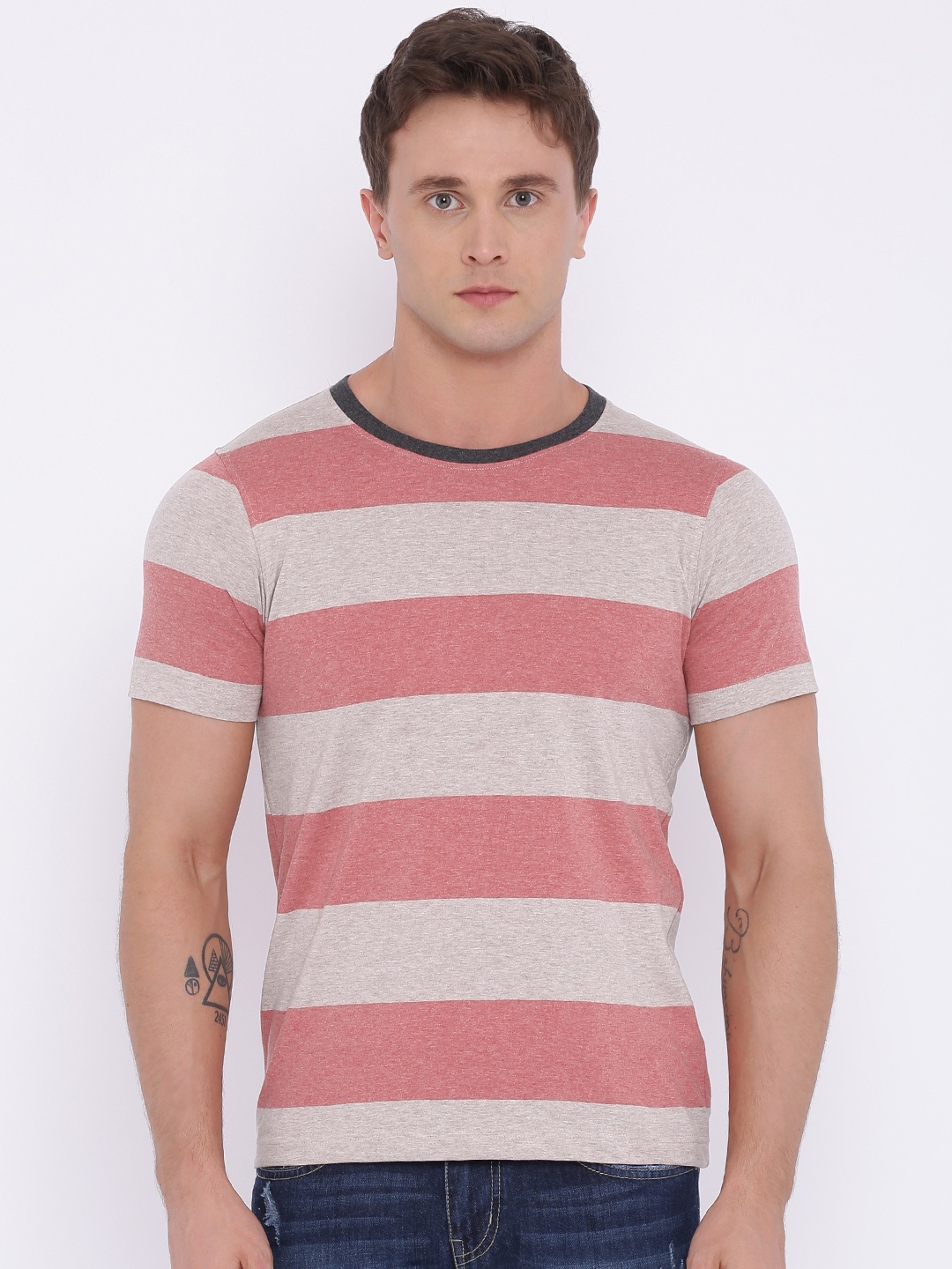 

American Crew Men Beige Coral Pink Striped Pure Cotton T-shirt