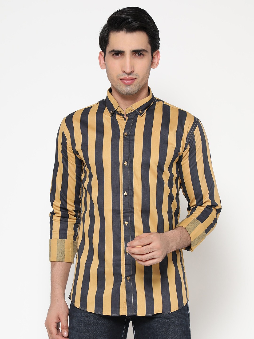 

INLERA Men Yellow Comfort Striped Casual Shirt
