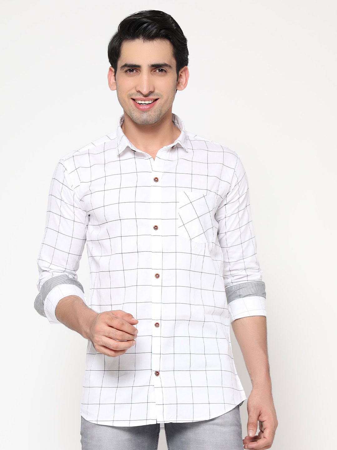 

INLERA Men White Comfort Windowpane Checked Casual Shirt