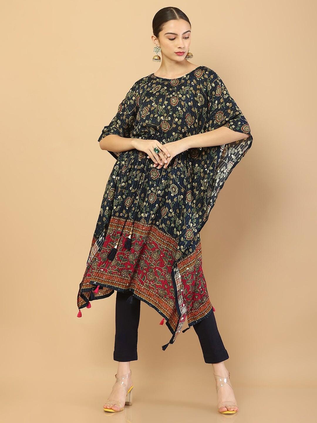 

Soch Women Navy Blue Floral Kaftan Midi Dress