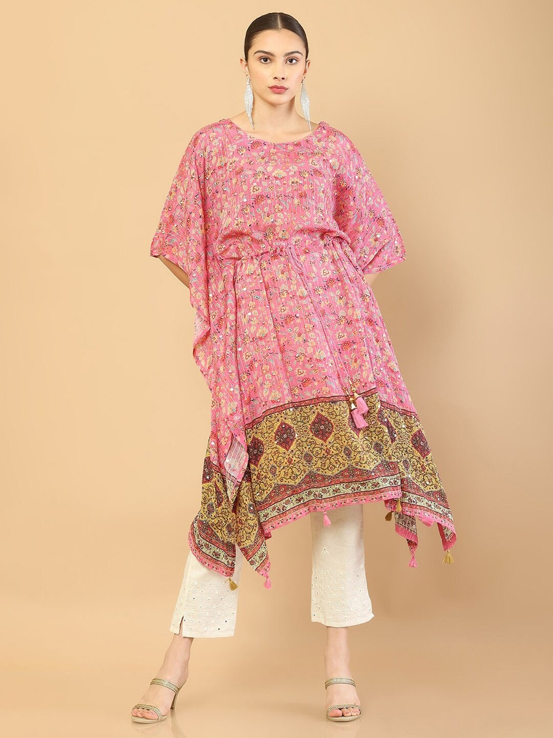 

Soch Floral Printed Extended Sleeves Cotton Kaftan Kurta, Pink