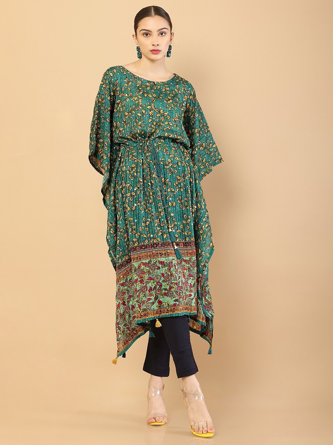 

Soch Women Green & Yellow Floral Printed Flared Sleeves Floral Kaftan Kurta