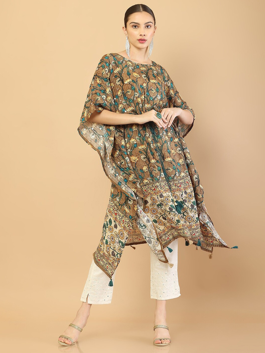 

Soch Floral Printed Extended Sleeves Thread Work Cotton Kaftan kurta, Brown