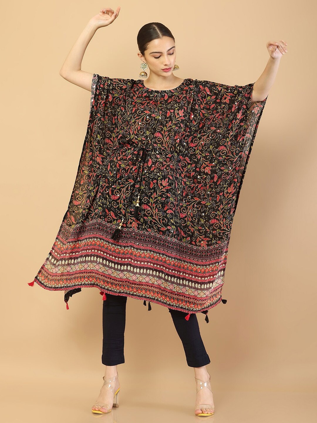 

Soch Black Ethnic Motifs Tie-Up Neck A-Line Dress