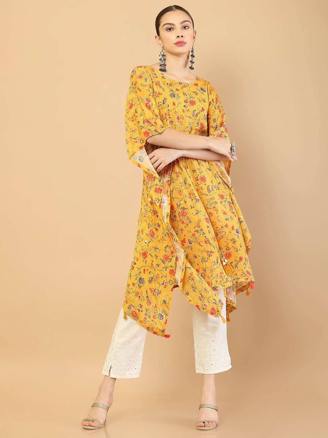 

Soch Floral Printed Extended Sleeves Thread Work Cotton Kaftan kurta, Mustard