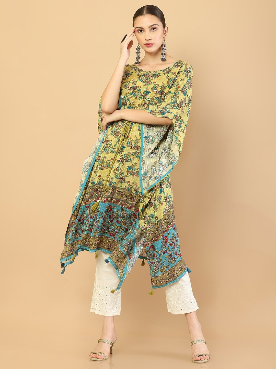 

Soch Ethnic Printed Extended Sleeves Thread Work Cotton Kaftan Kurta, Yellow
