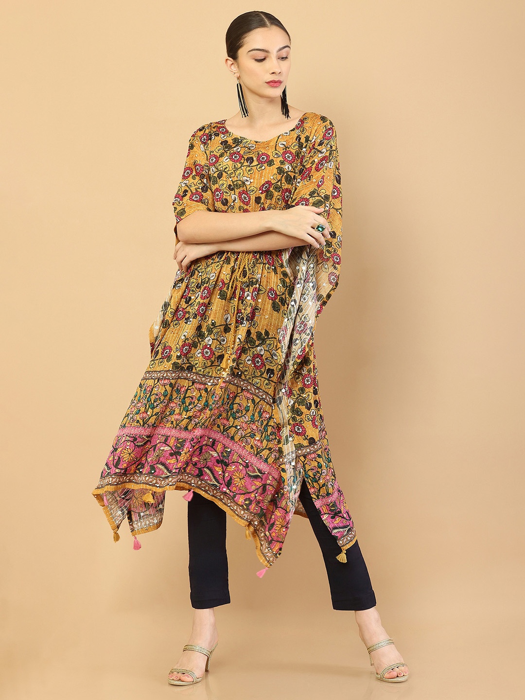 

Soch Women Mustard Yellow Embellished Flared Sleeves Mirror Work Kaftan Kurta