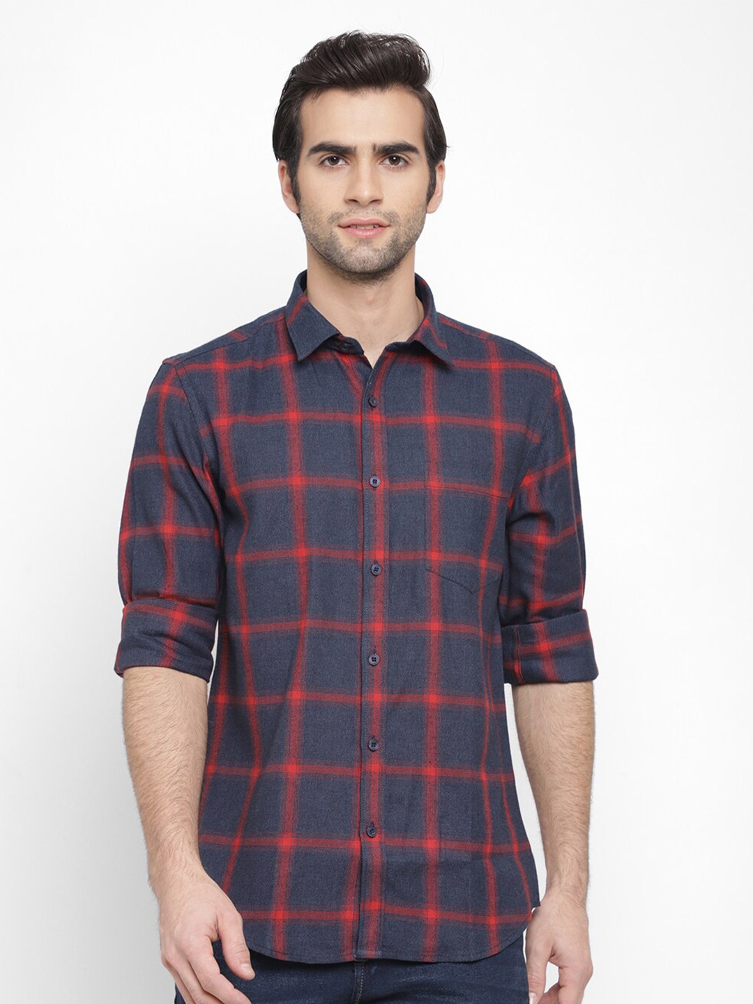 

cape canary Men Navy Blue Checked Casual Shirt