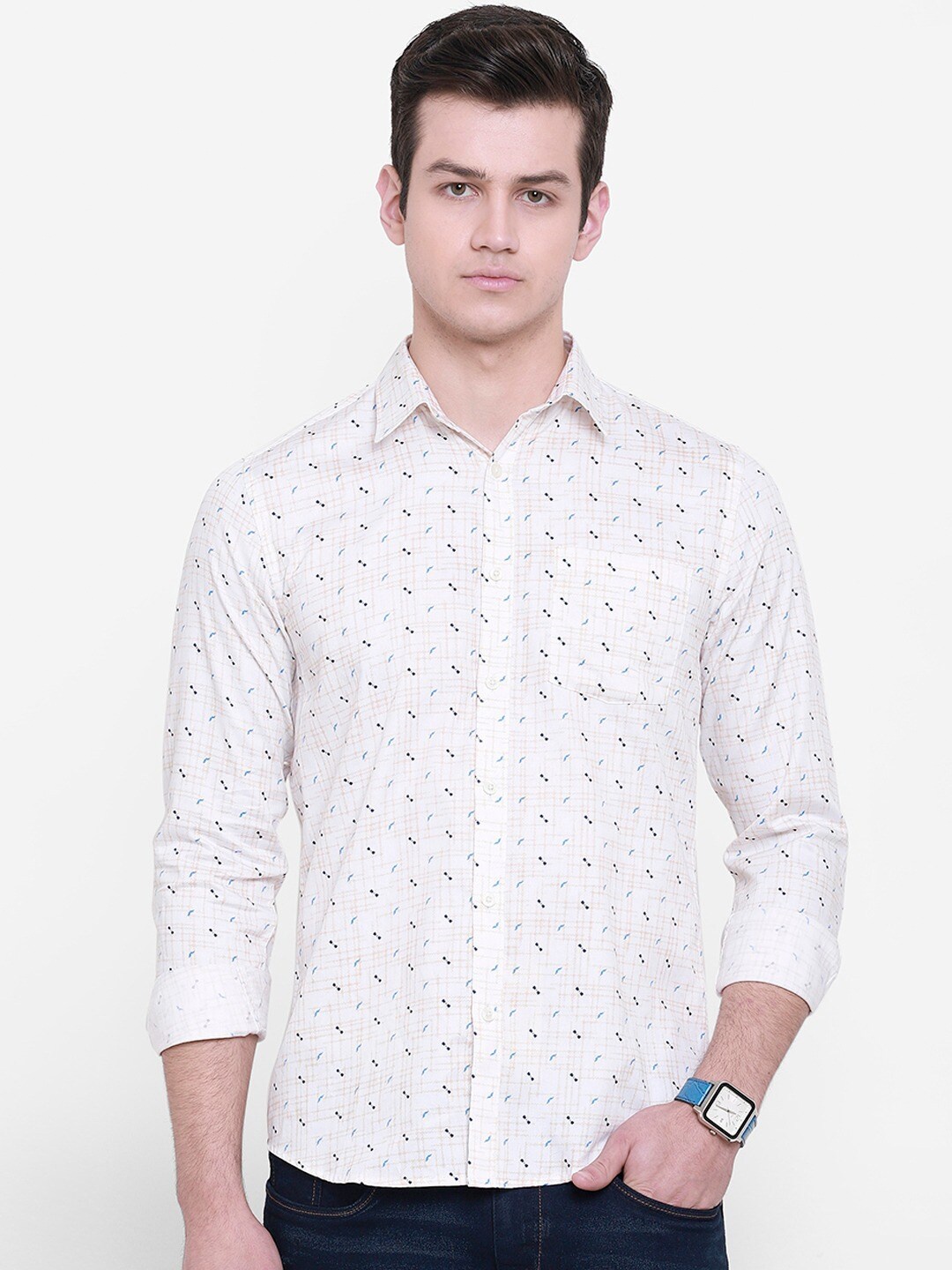 

cape canary Men White Printed Cotton Casual Shirt