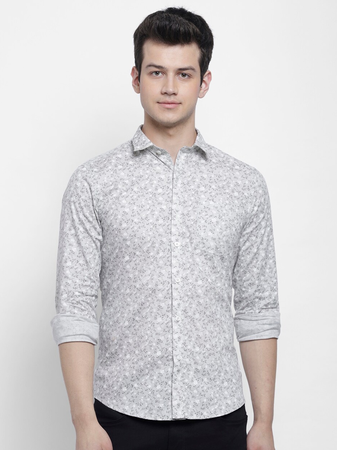 

cape canary Men Grey Regular Fit Floral Printed Cotton Casual Shirt