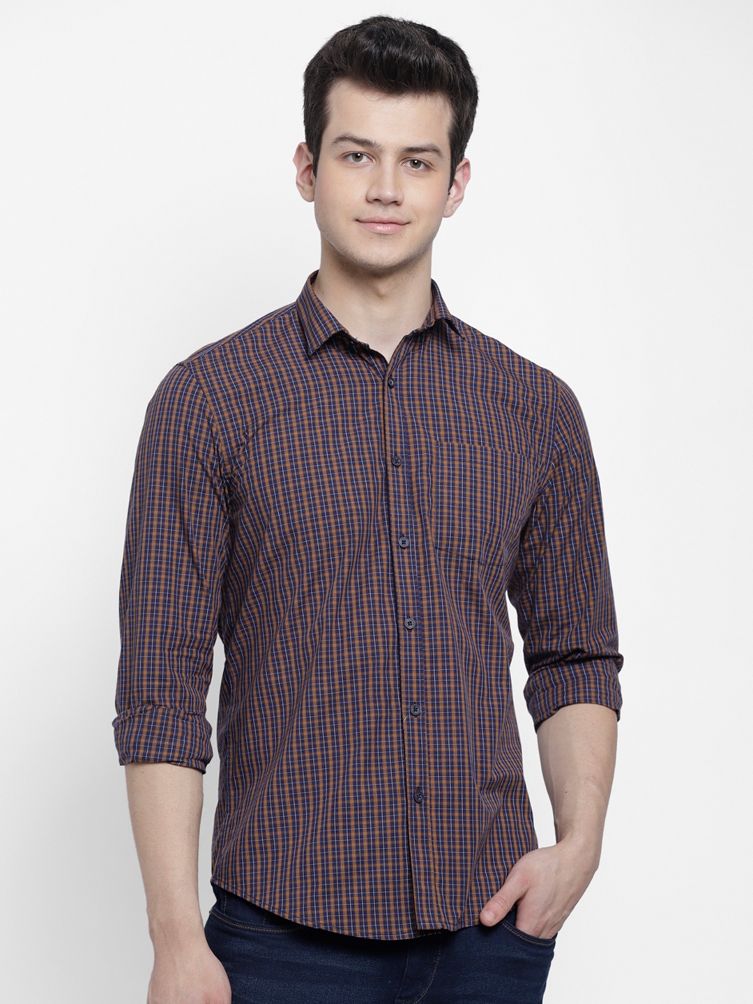 

cape canary Men Brown Regular Fit Checked Cotton Casual Shirt