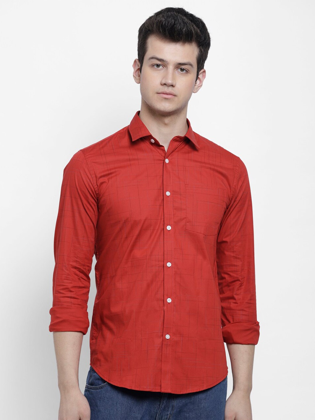 

cape canary Men Red Printed Regular Fit Cotton Casual Shirt