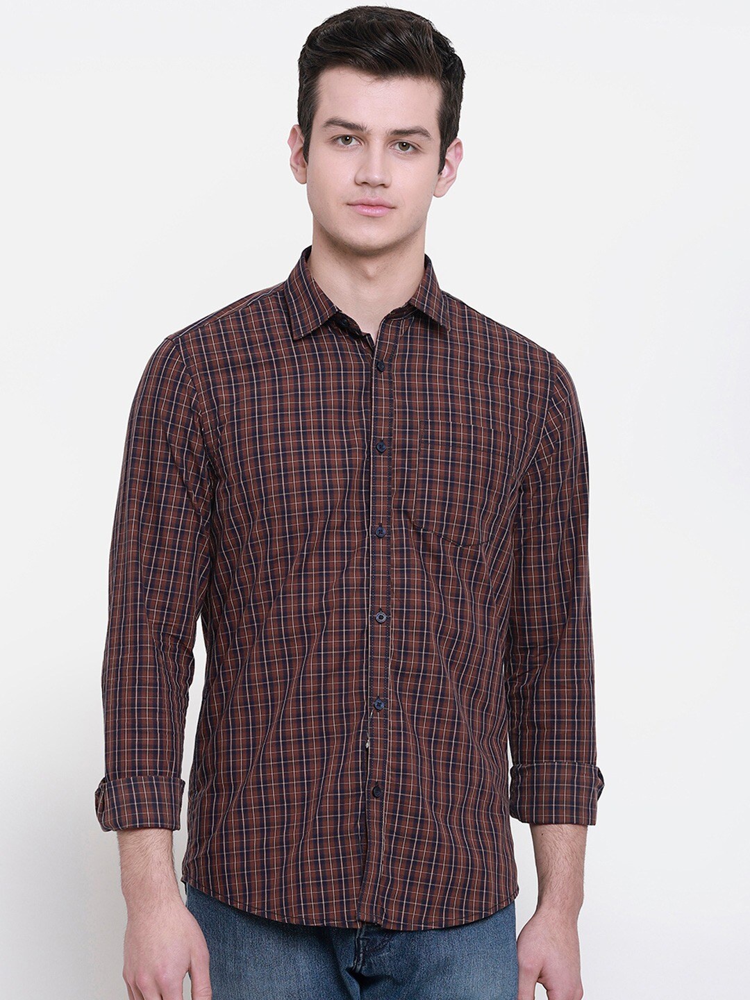 

Cape Canary Men Brown & Navy Blue Checked Regular Fit Cotton Casual Shirt