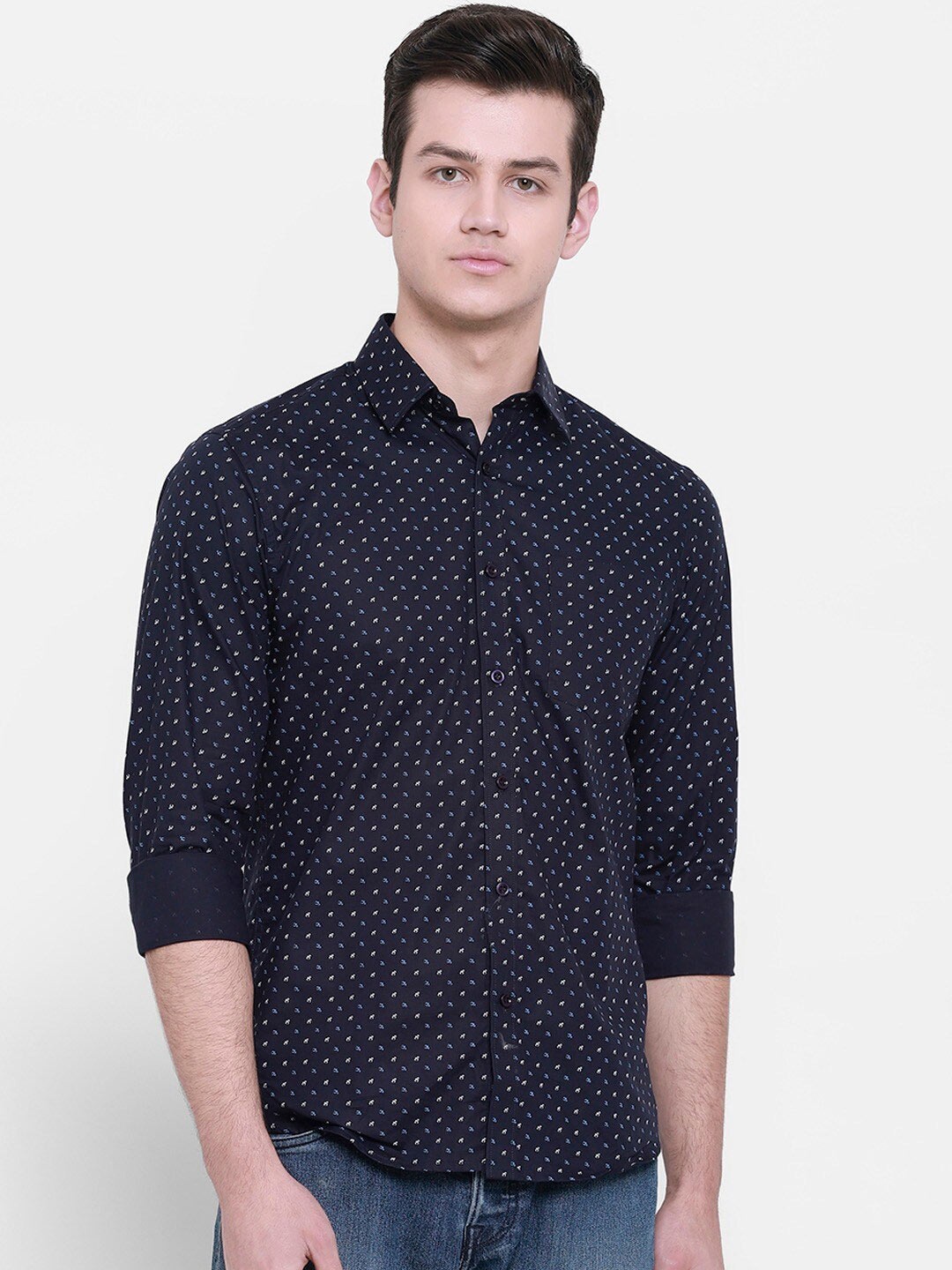 

cape canary Men Navy Blue Printed Regular Fit Cotton Casual Shirt