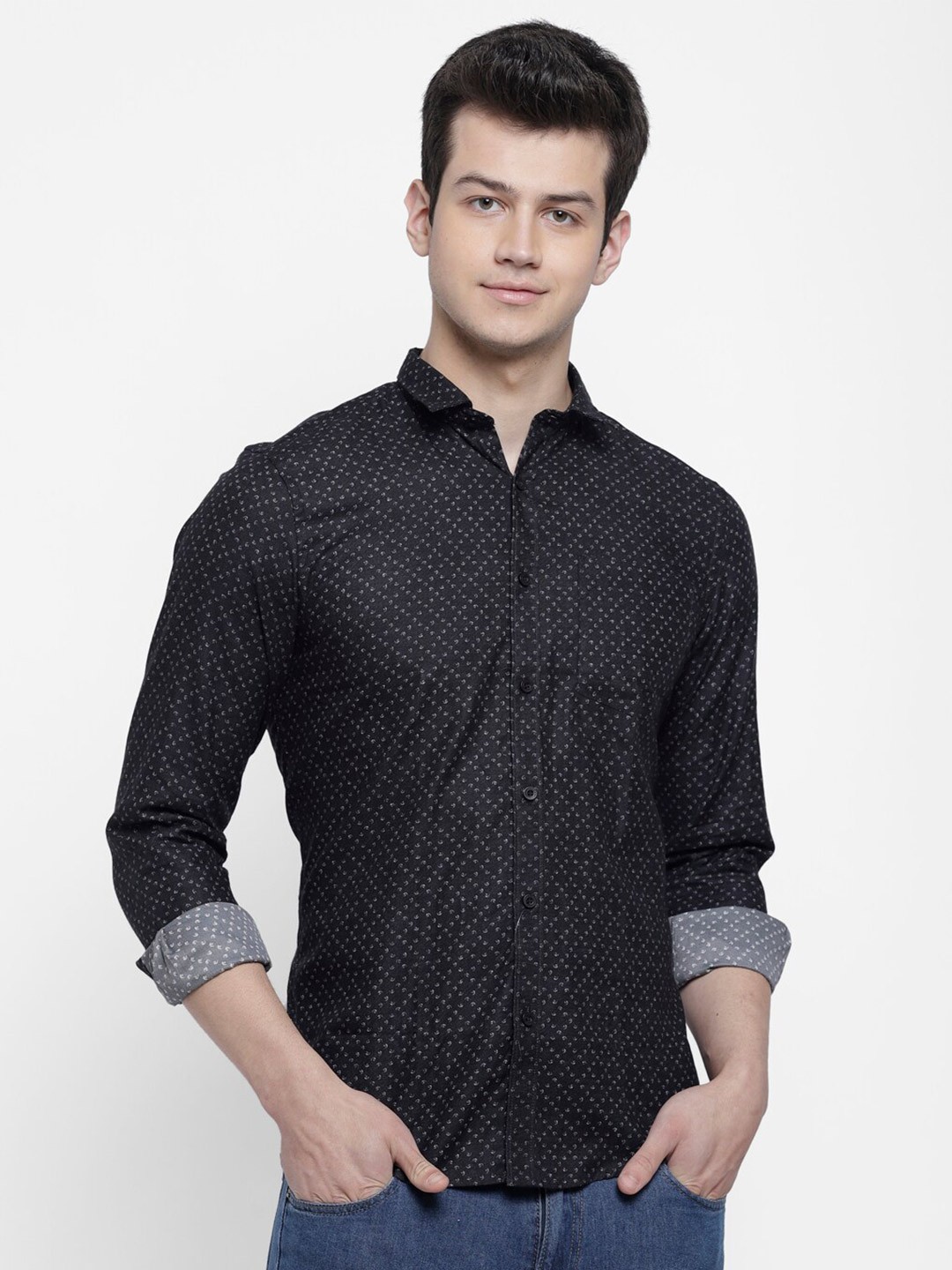 

cape canary Men Black Printed Regular Fit Cotton Casual Shirt