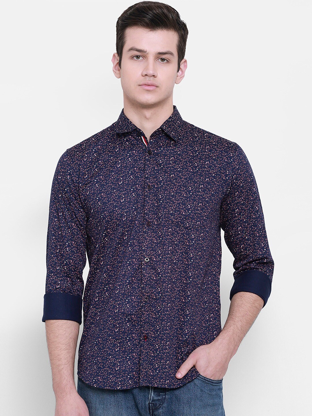

cape canary Men Navy Blue Floral Printed Cotton Casual Shirt