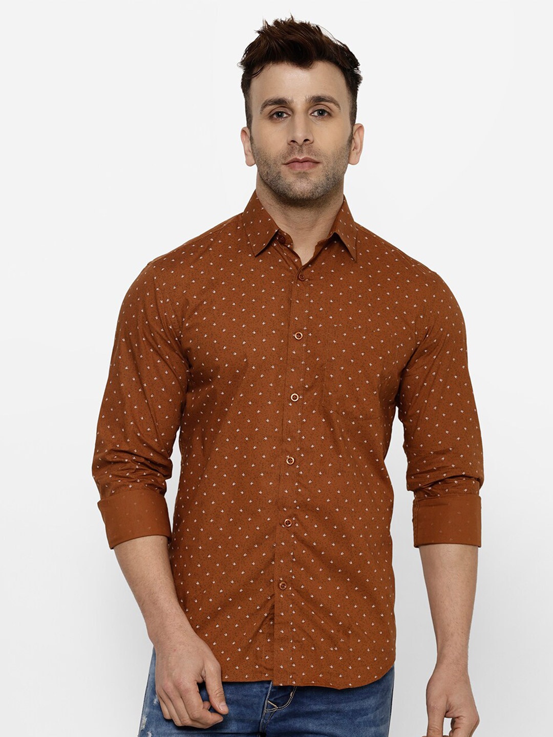 

cape canary Men Brown Printed Cotton Casual Shirt