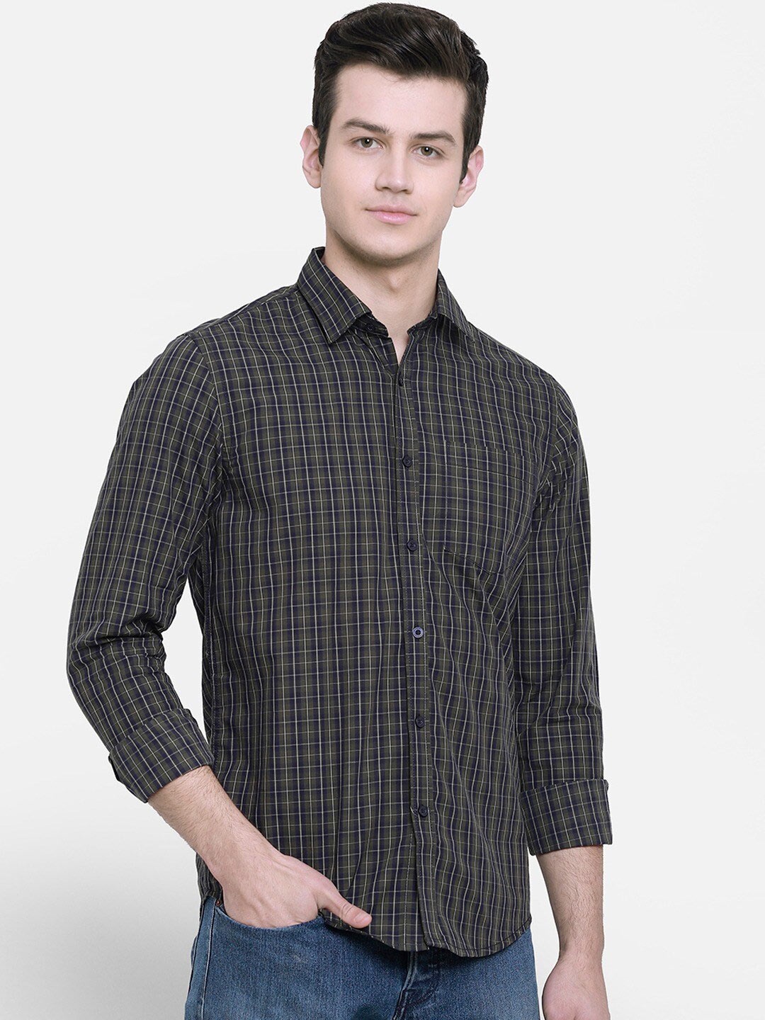 

cape canary Men Olive Green Checked Casual Shirt