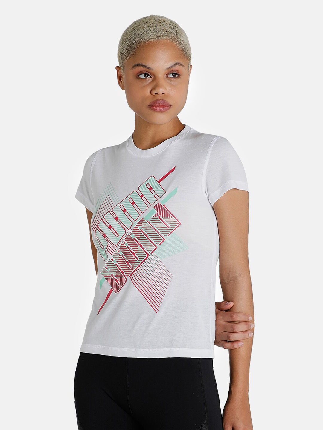 

Puma Women White Typography Printed Regular Fit Training or Gym T-shirt