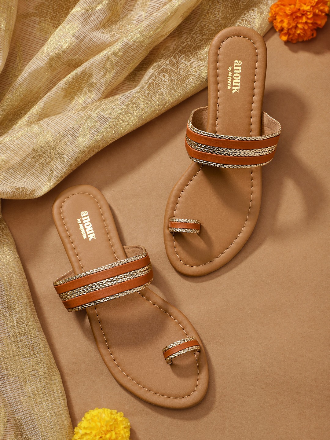 

Anouk Women Tan Brown Woven Design One Toe Flats