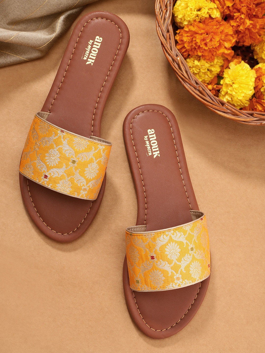 

Anouk Women Mustard Yellow Ethnic Motifs Printed Ethnic Open Toe Flats