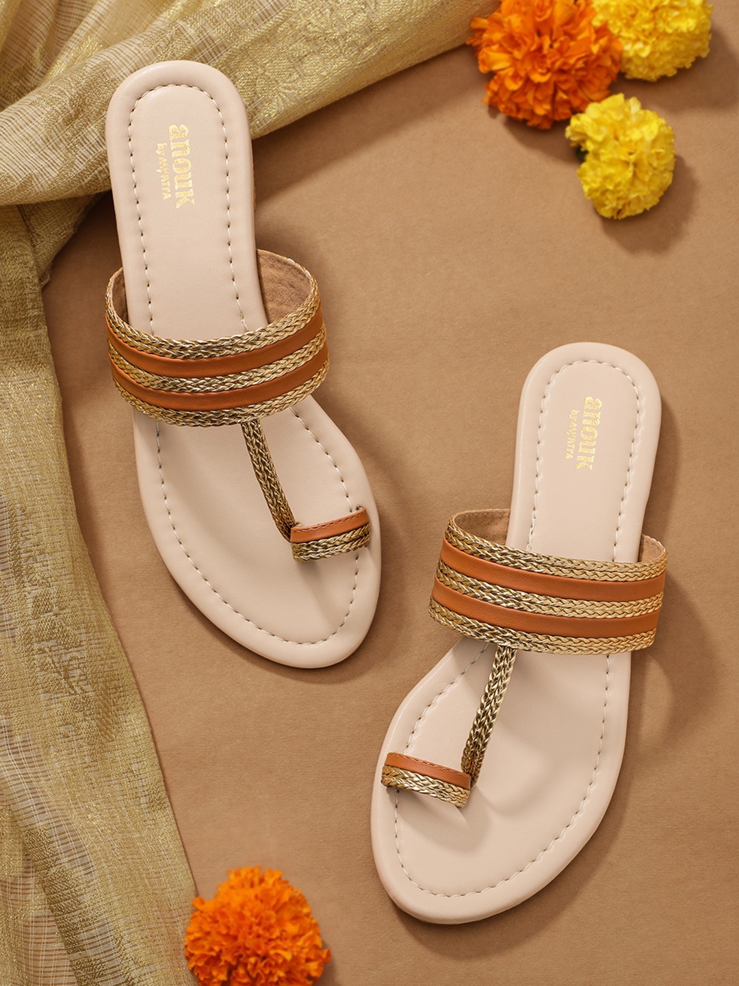 

Anouk Women Tan Brown & Gold-Toned Striped & Braided Ethnic One Toe Flats