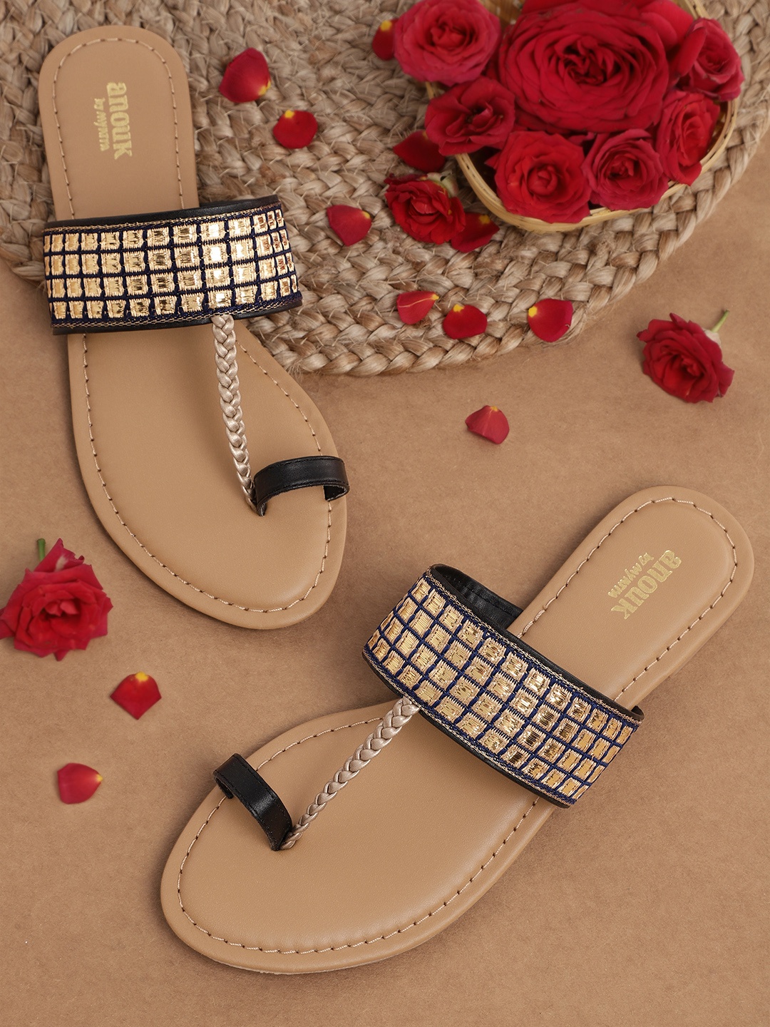 

Anouk Women Gold-Toned & Navy Blue Woven Design Braided Ethnic One Toe Flats