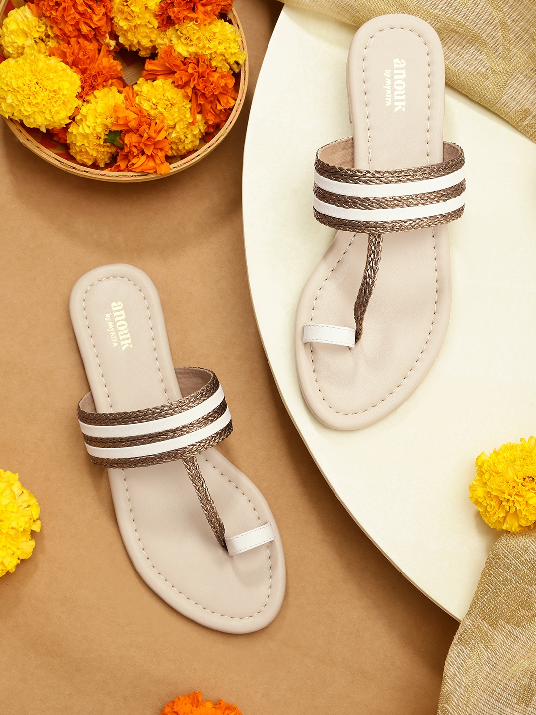 

Anouk Women White & Gold-Toned Striped & Braided Ethnic One Toe Flats