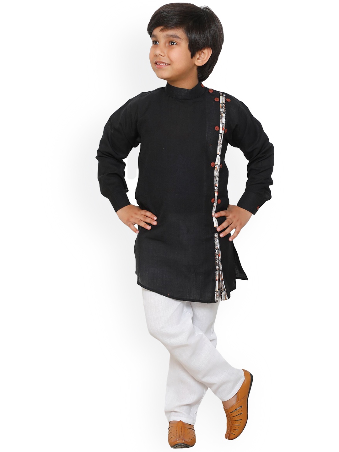 

DKGF FASHION Boys Black & White Angrakha Kurta with Pyjamas