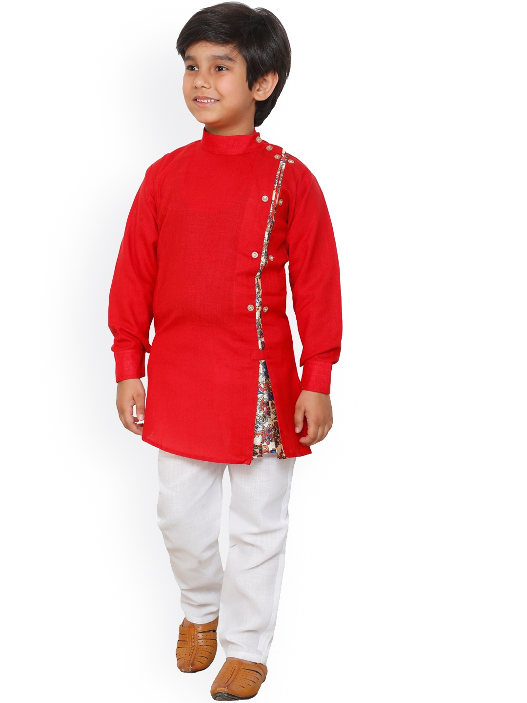 

DKGF FASHION Boys Red & White Angrakha Kurta with Pyjamas