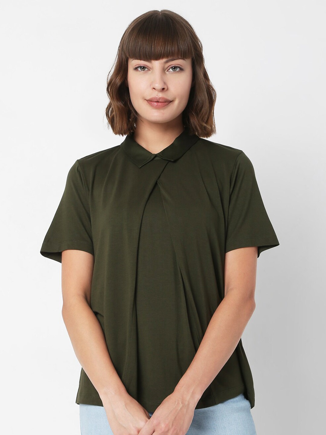 

Vero Moda Green Shirt Collar Gathered & Pleated Knitted Top