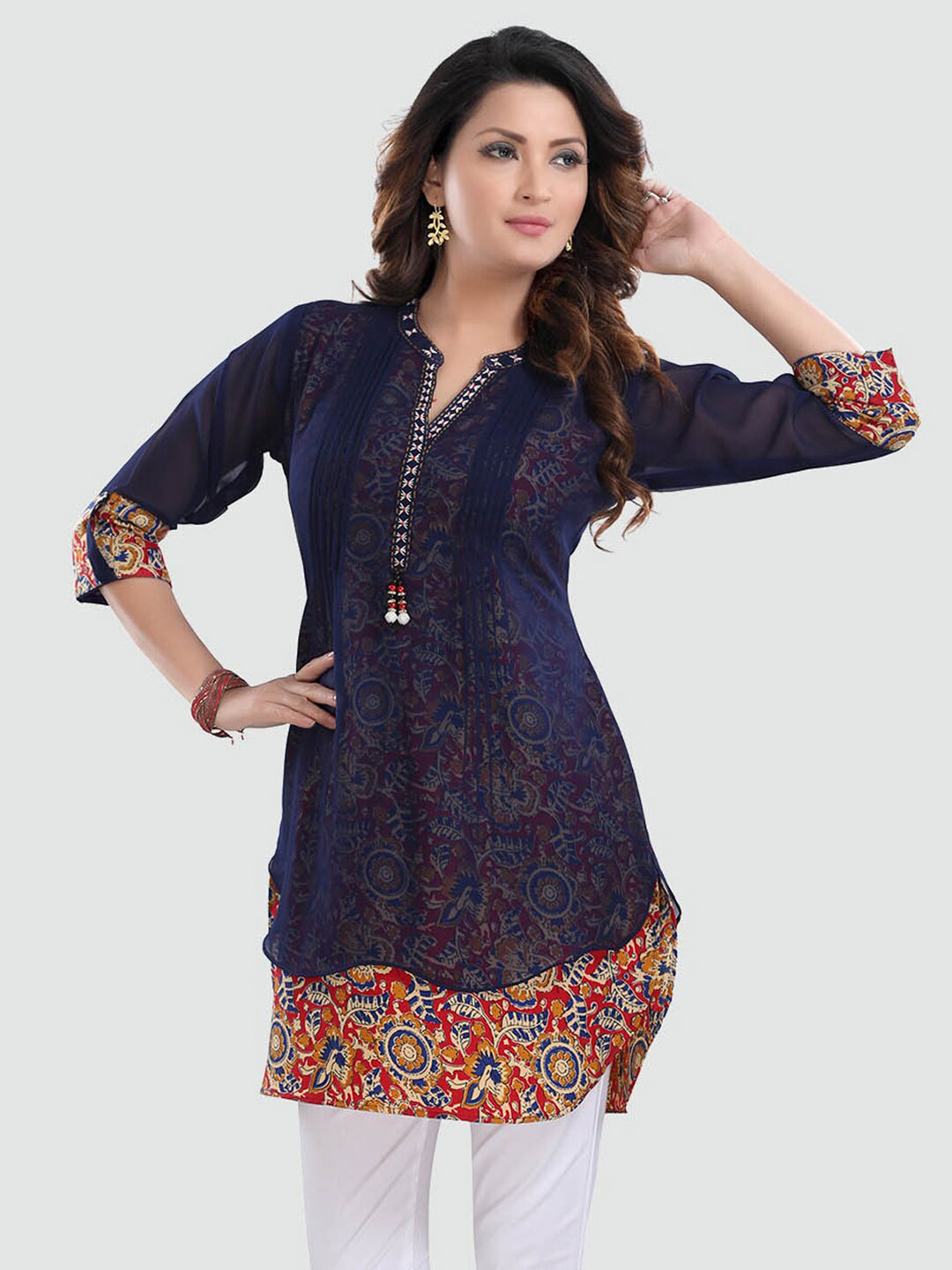 

Saree Swarg Navy Blue Ethnic Motifs Printed Layered Kurti