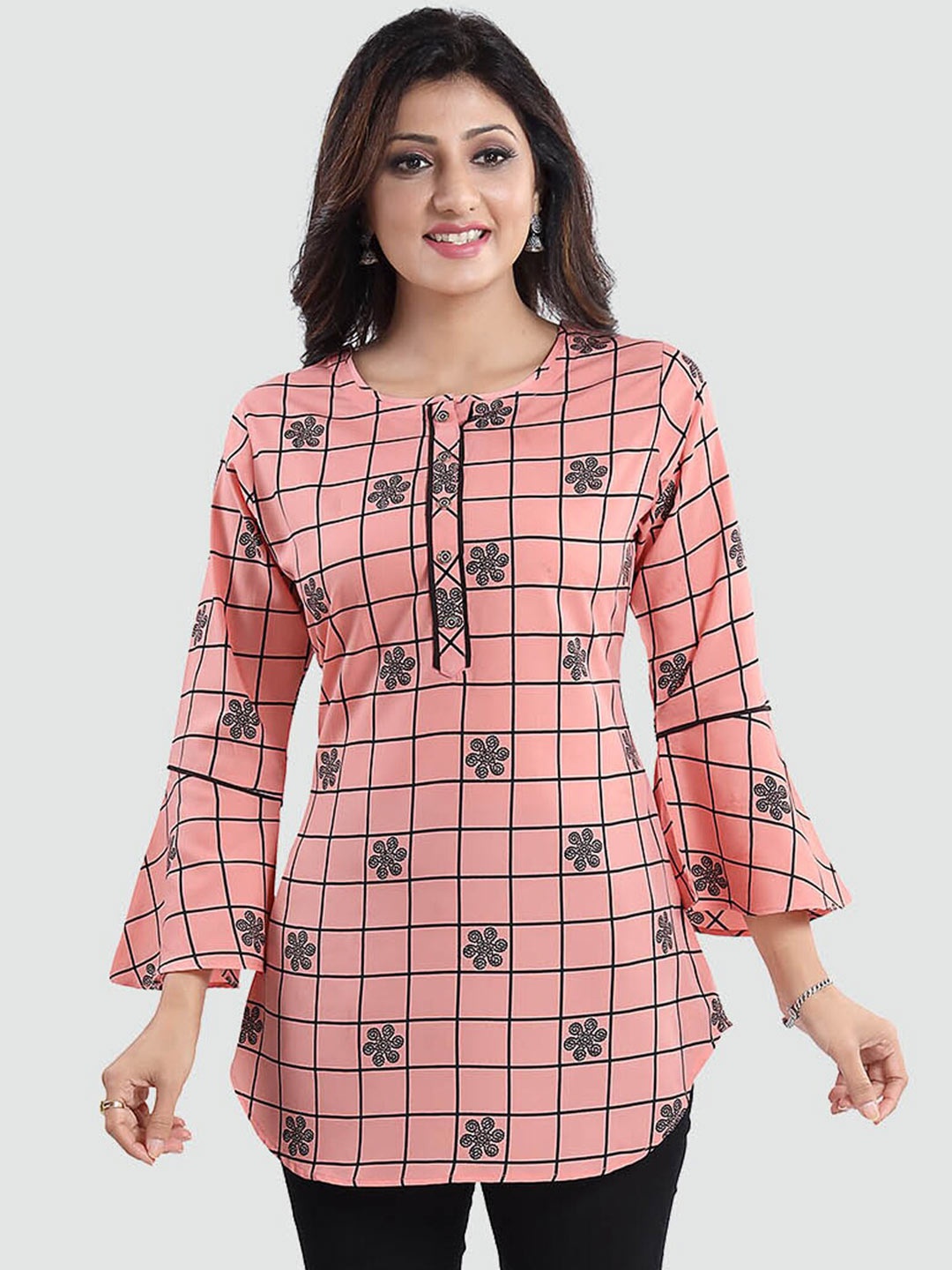 

Saree Swarg Peach-Coloured Floral Printed Kurti