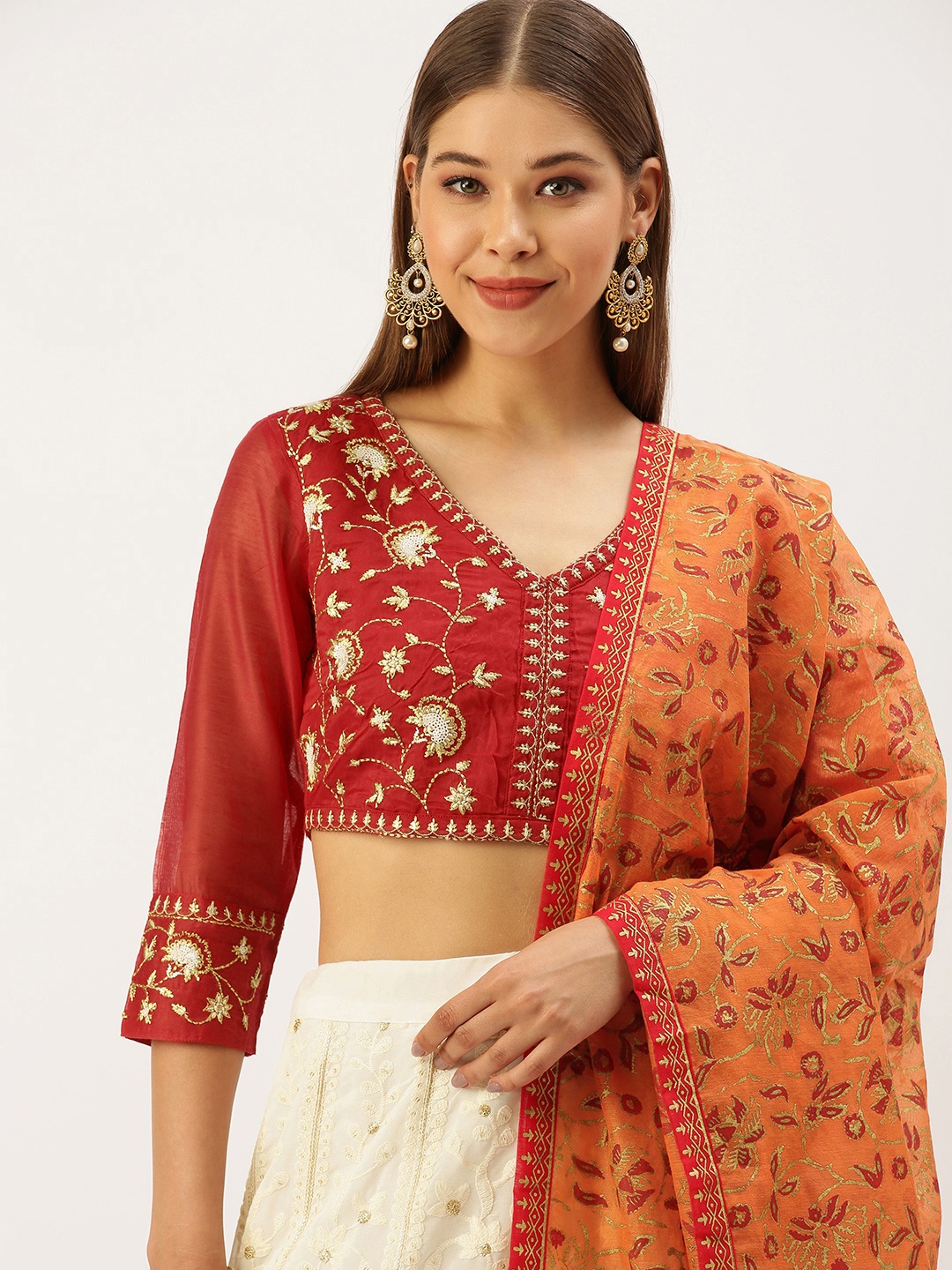 

SWAGG INDIA Red & Cream-Coloured Embroidered Sequinned Ready to Wear Lehenga Set
