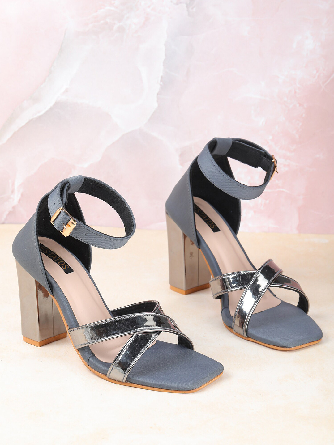 

ESTATOS Grey PU Block Heels with Buckles