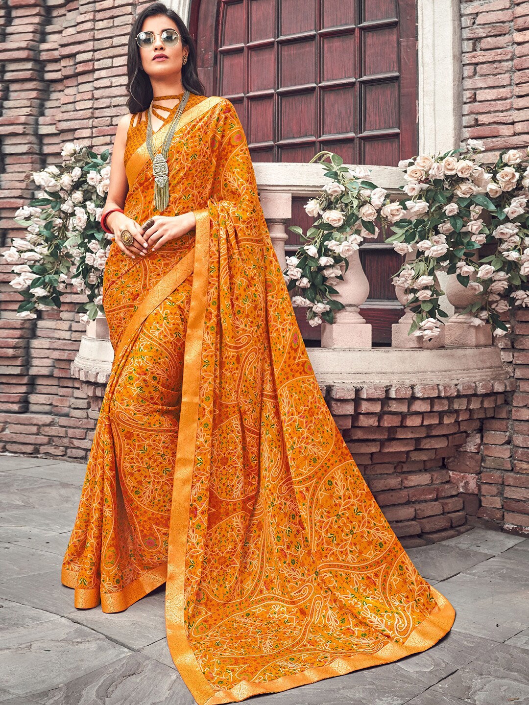 

Shaily Mustard & Gold-Toned Woven Design Saree