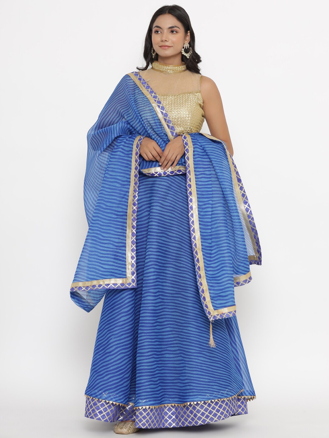 

Kesarya Blue & Golden Ready to Wear Cotton Lehenga & Unstitched Blouse With Dupatta