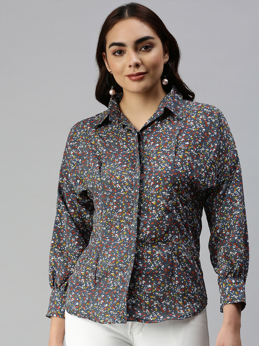 

SHOWOFF Women Blue Contemporary Slim Fit Semi Sheer Printed Casual Shirt