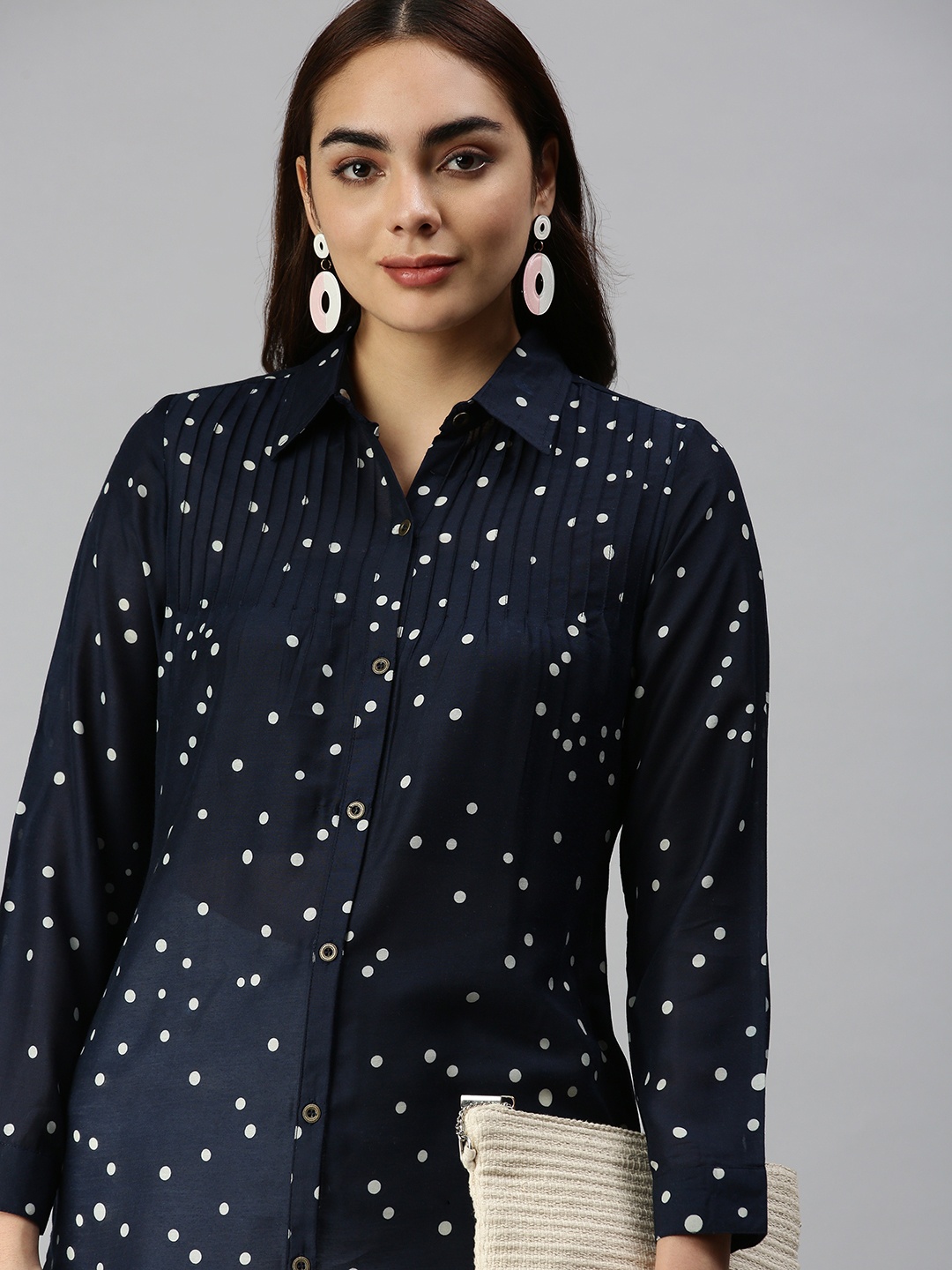 

SHOWOFF Women Navy Blue Comfort Slim Fit Semi Sheer Printed Casual Shirt