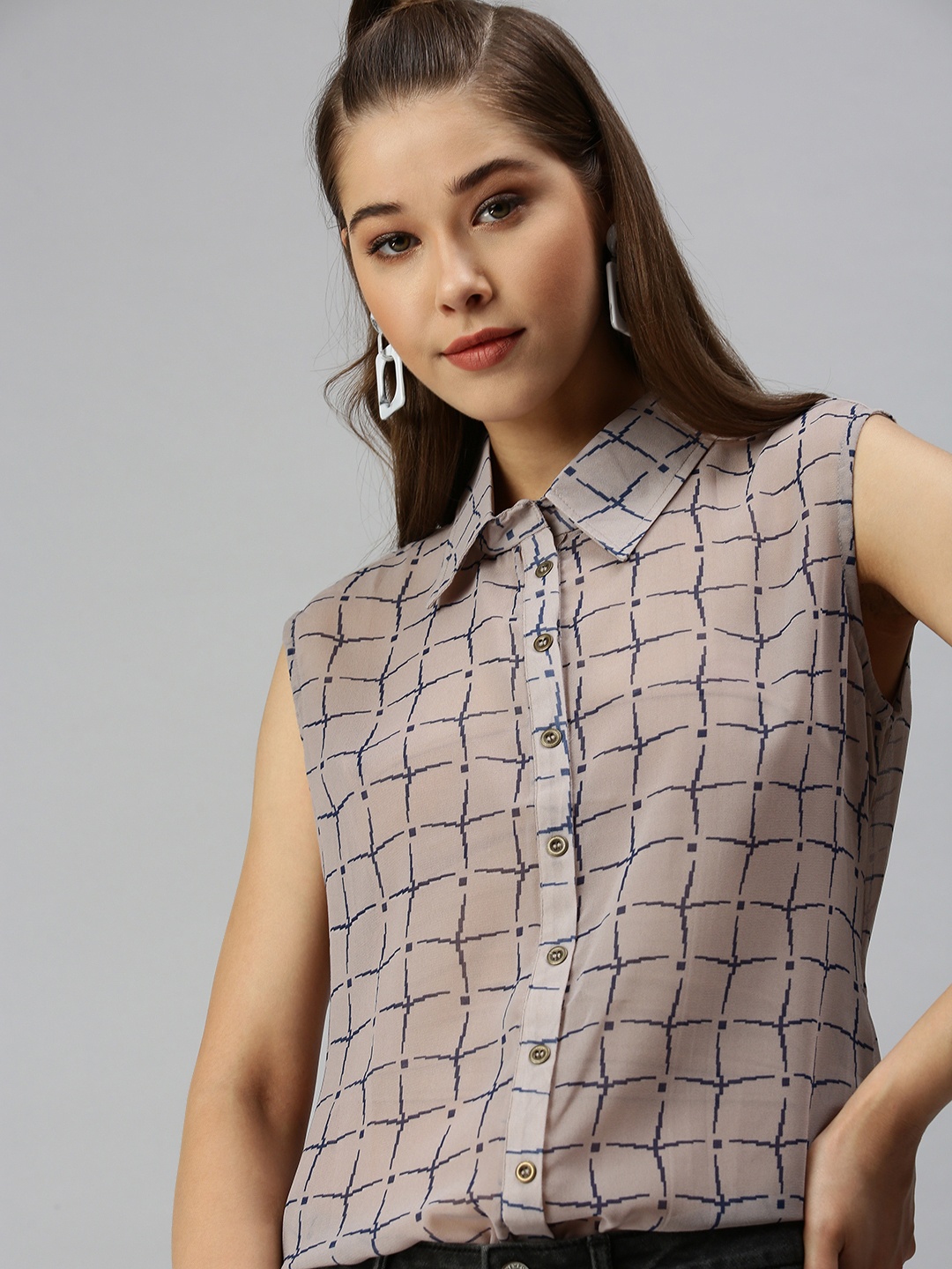 

SHOWOFF Women Taupe Comfort Slim Fit Windowpane Checks Sheer Checked Casual Shirt