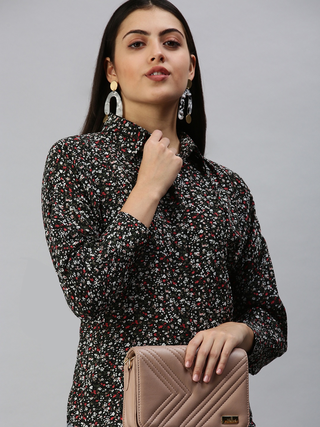 

SHOWOFF Women Black Contemporary Slim Fit Floral Semi Sheer Printed Casual Shirt